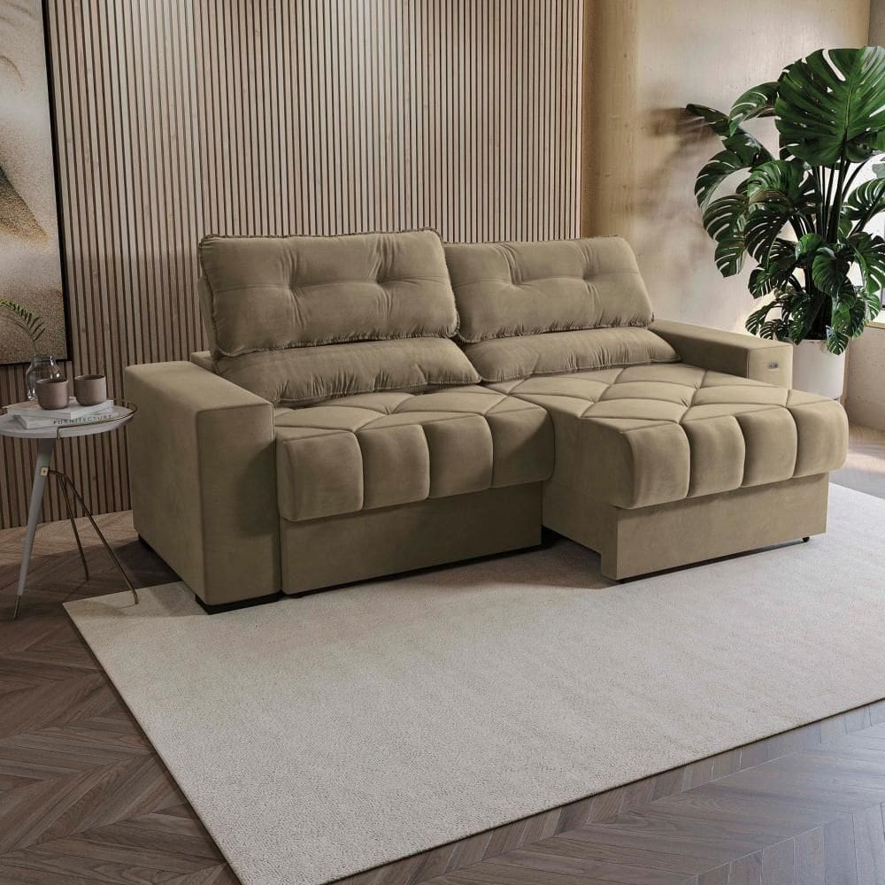 Sofá Retrátil Kappesberg Sander Veludo Bege