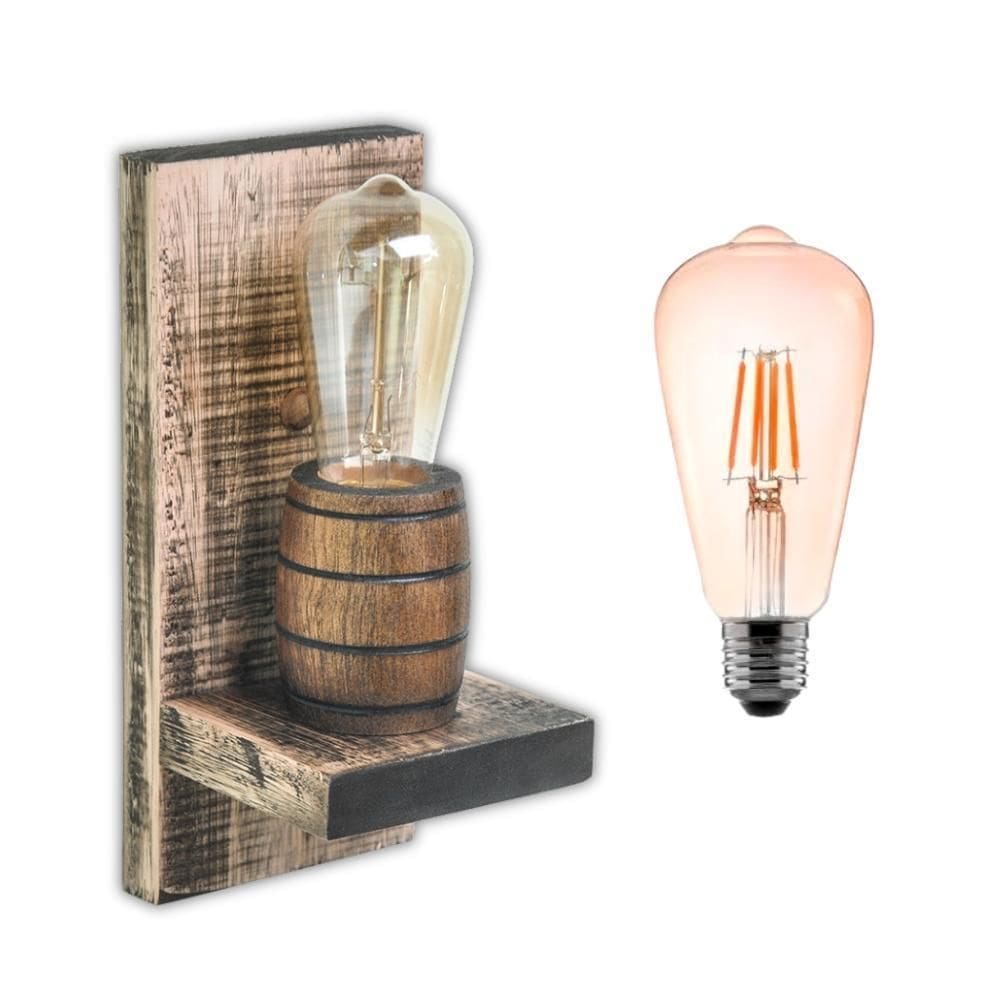 Arandela Barril Delenha Decor Madeira Rústica + Lâmpadas