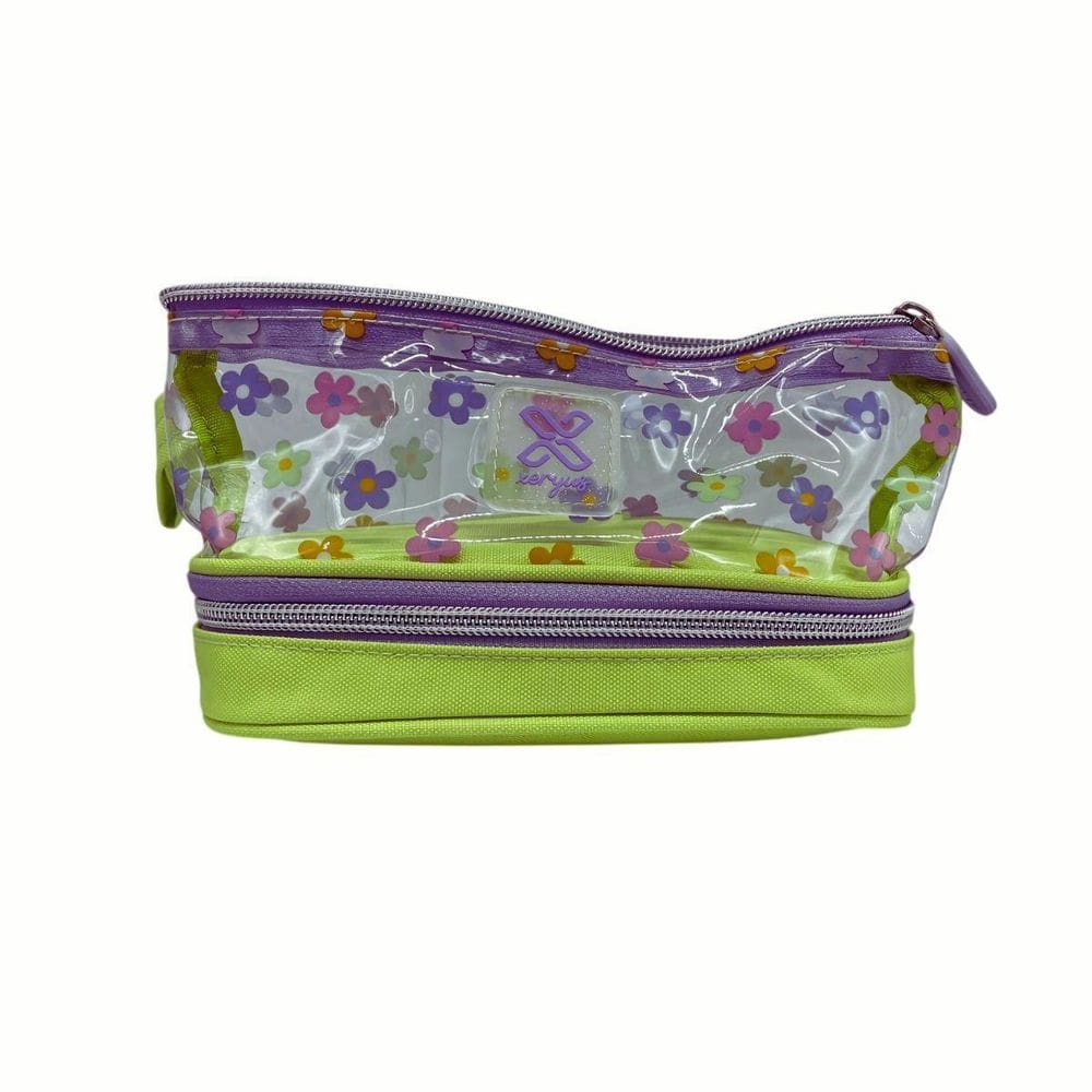 Estojo Escolar Duplo Verde Florido Dois Compartimentos