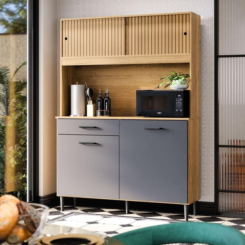 Armário De Cozinha Grazi Compacta Com 4 Portas E 1 Gaveta Ripado Grafite
