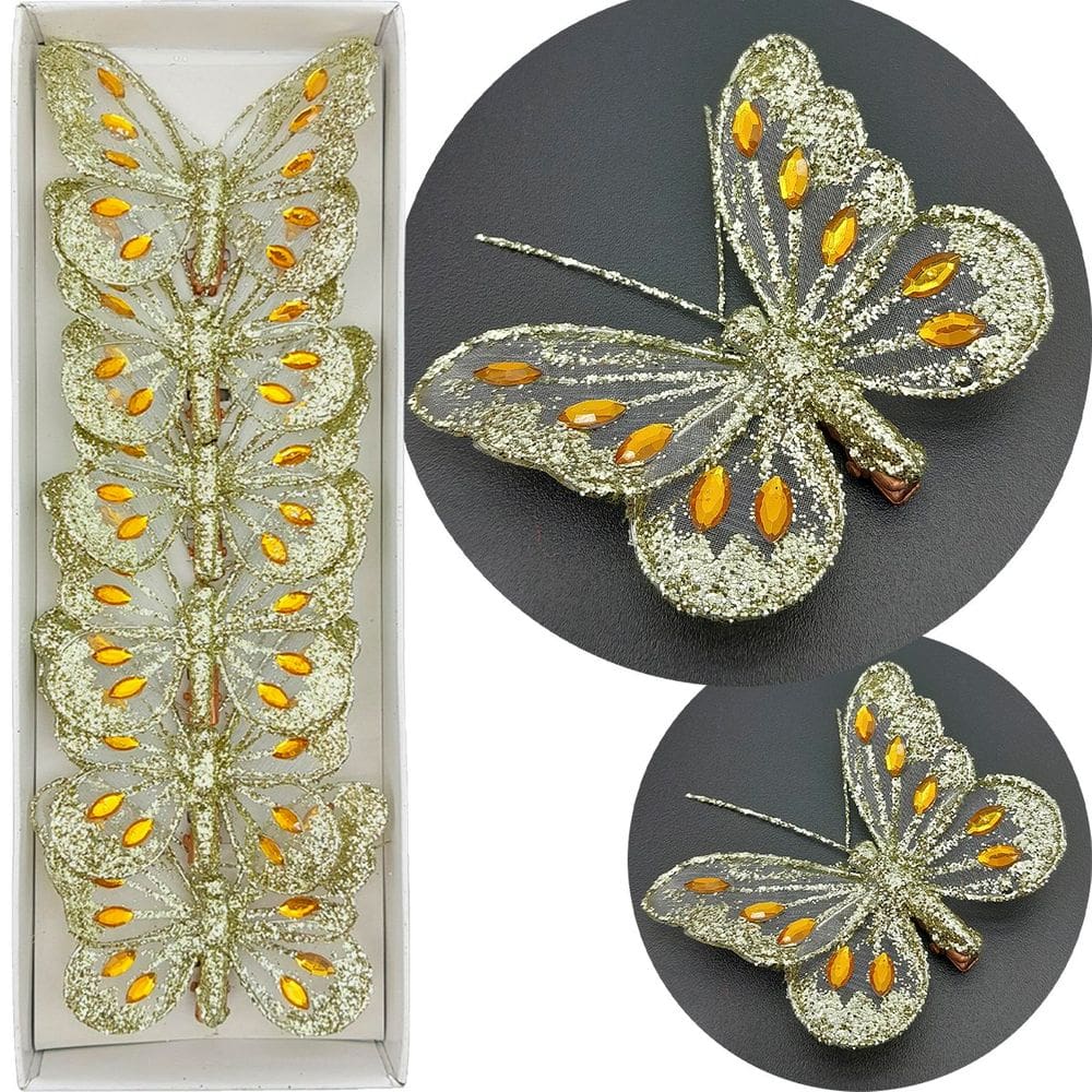 Presilha Prendedor Enfeite Borboleta Dourado Natal 8cm 24Pçs