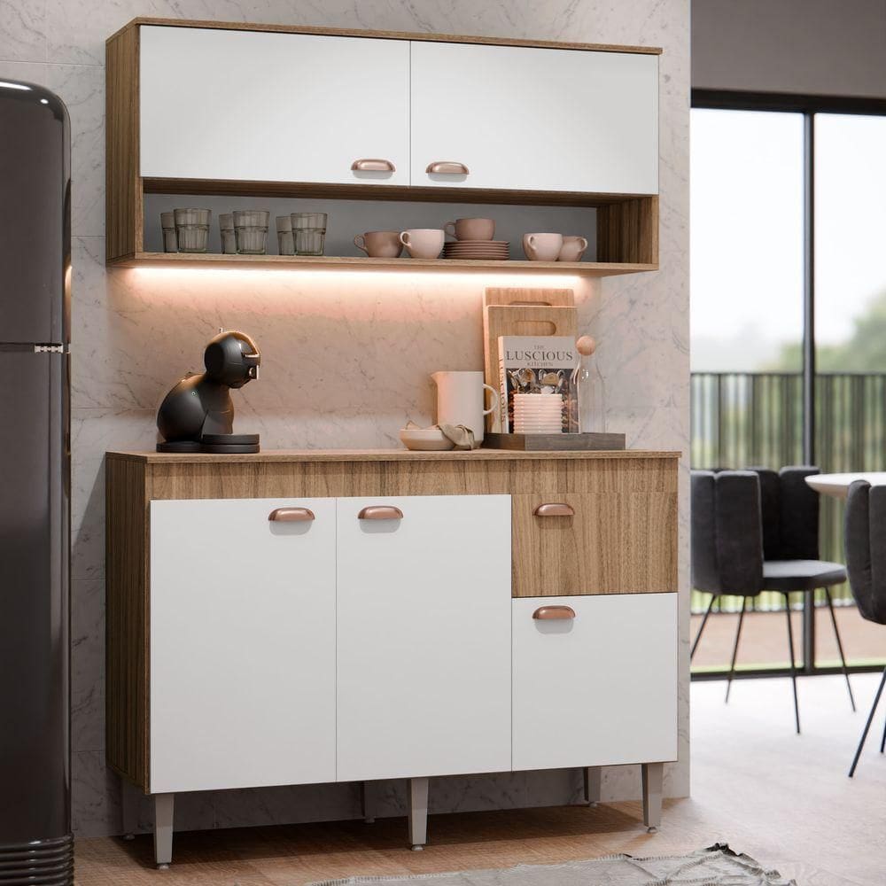 Kit Armário De Cozinha Aéreo E Bancada Completo Com 5 Portas E 1 Gaveta Carvalho Branco