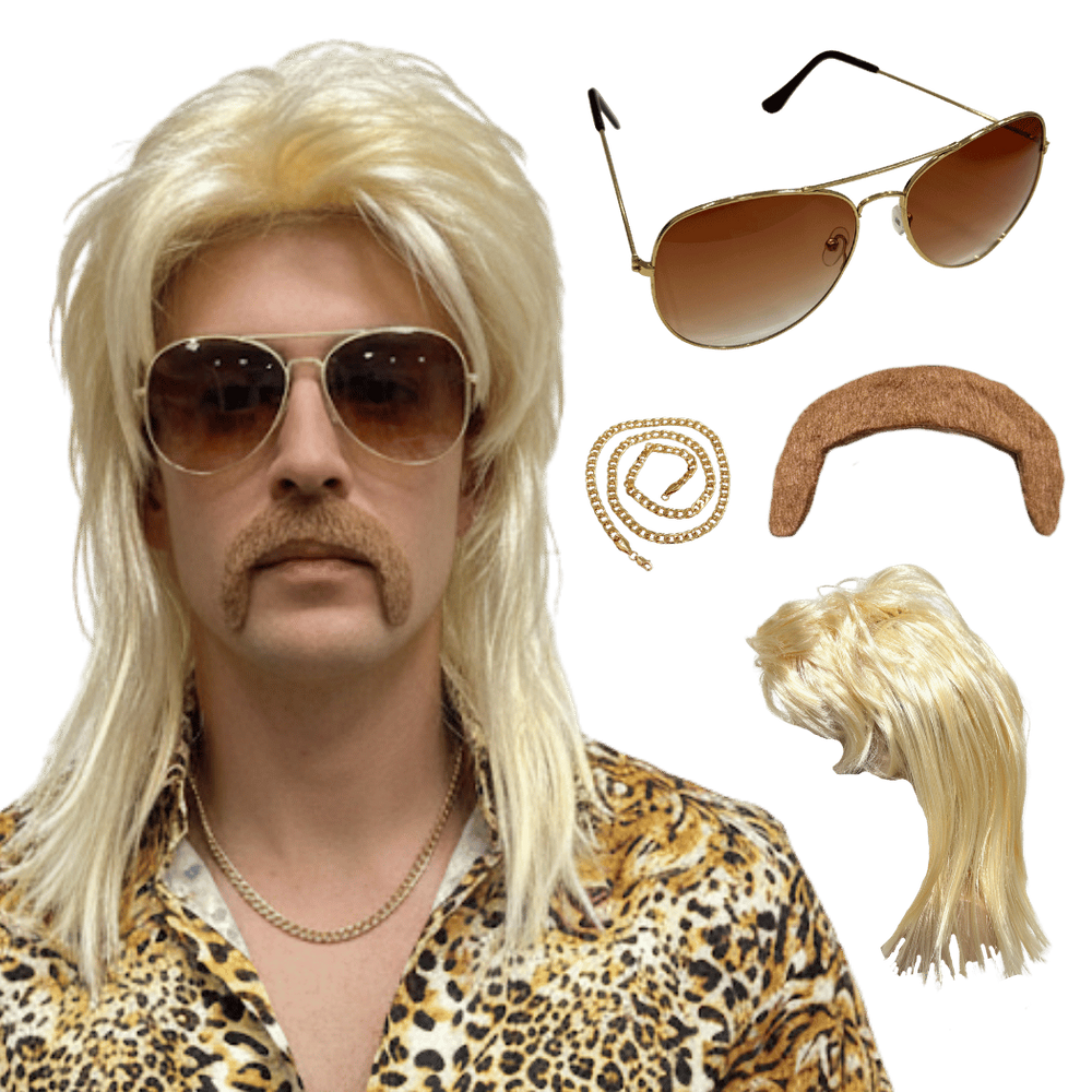 Peruca Retrô Anos 80 Rock Loiro Com Bigode Óculos Cordão