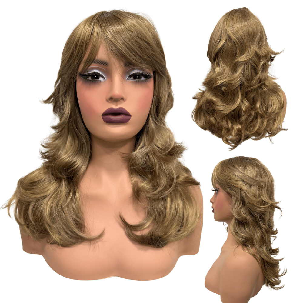 Peruca lisa super repicada com franja 40cm loiro escuro