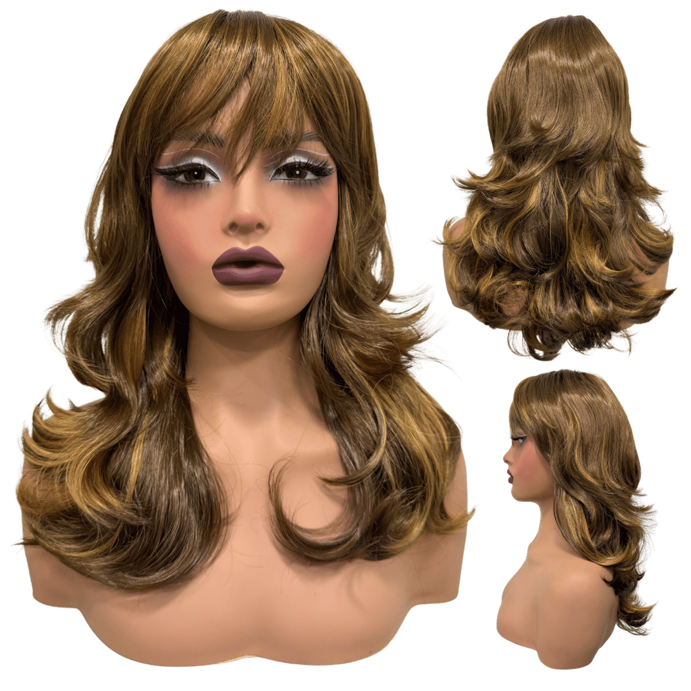 Peruca lisa super repicada com franja 40cm loiro com mechas