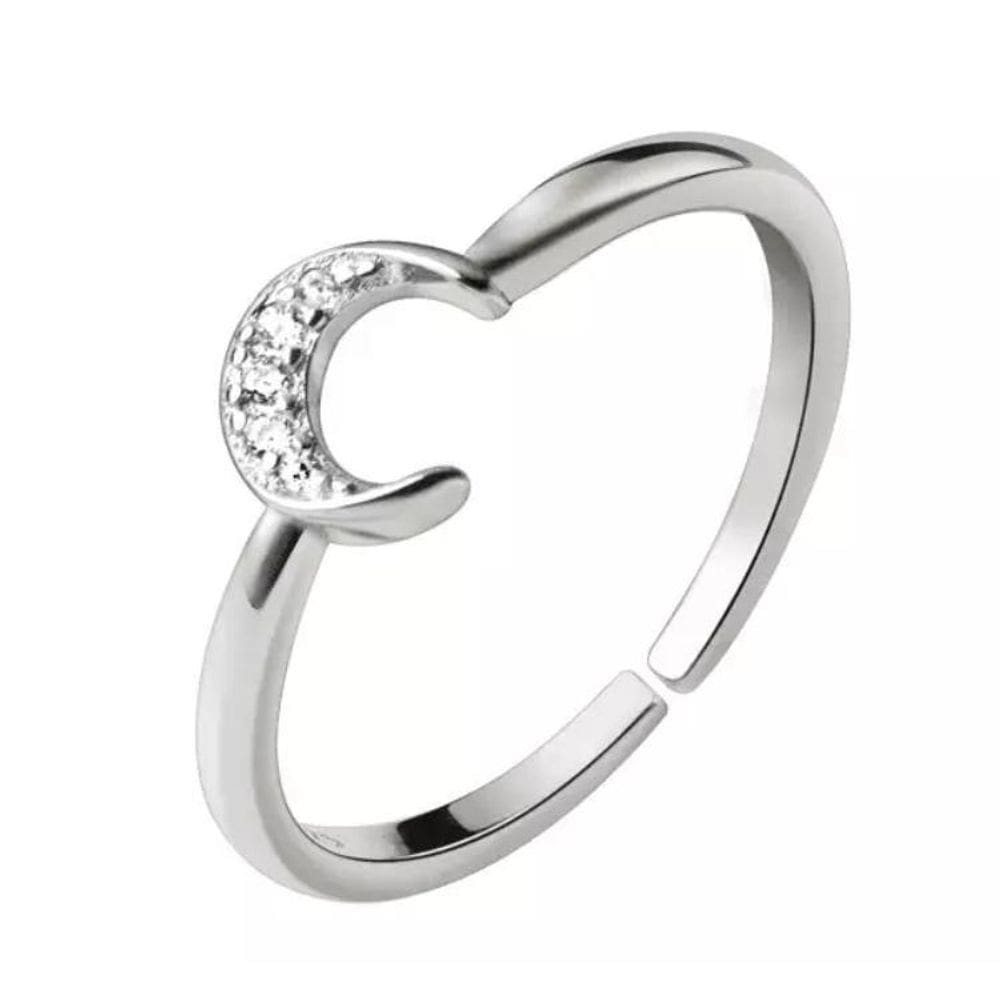 Anel Prateado Ajustável Strass Formato Lua P4411