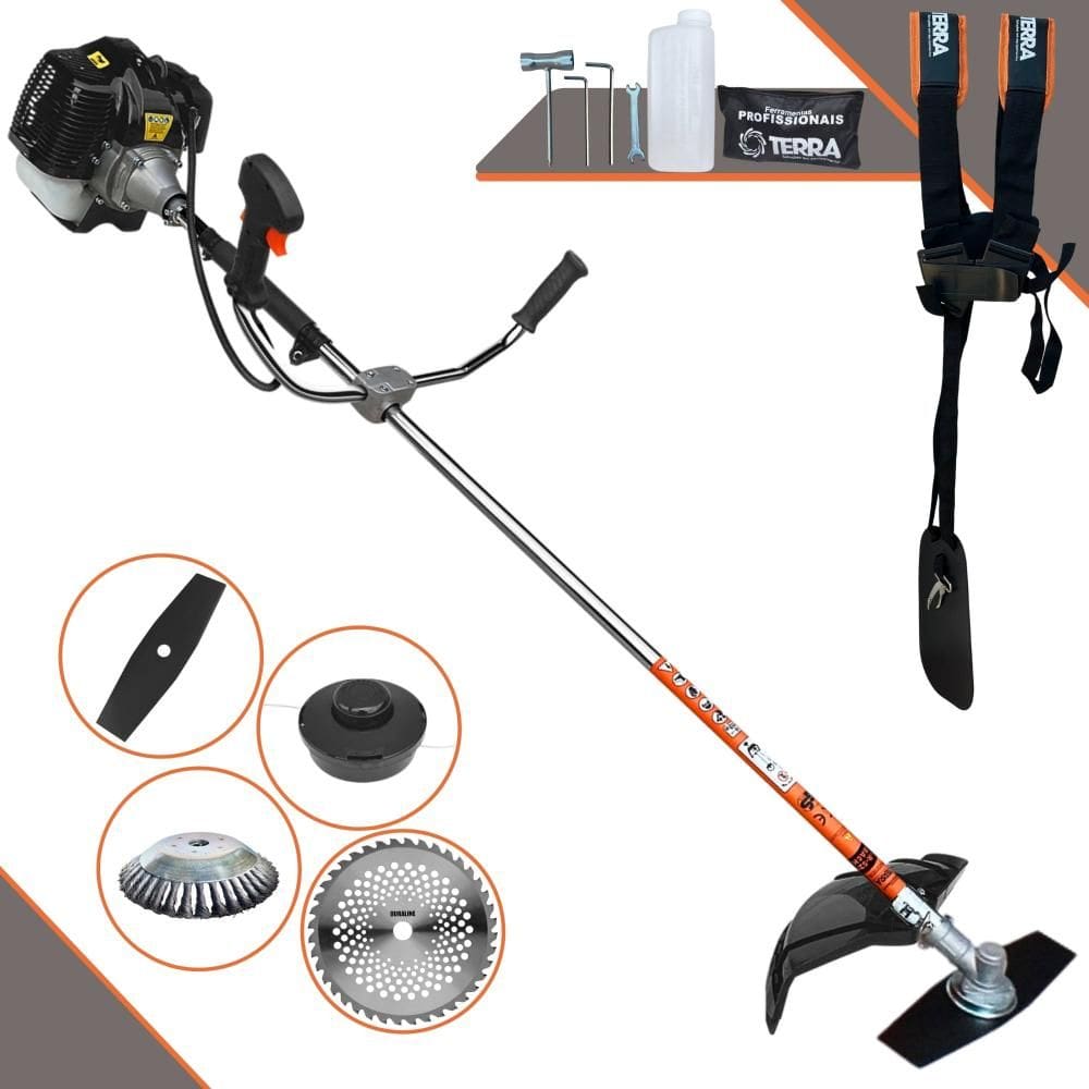 Roçadeira À Gasolina GRH520 Terra 2,5HP 52cc 6.500rpm Com 4 Opções de Corte Lâmina Facão, Lâmina 40 Dentes de Vídea, Carretel de Nylon e Escova de Aço