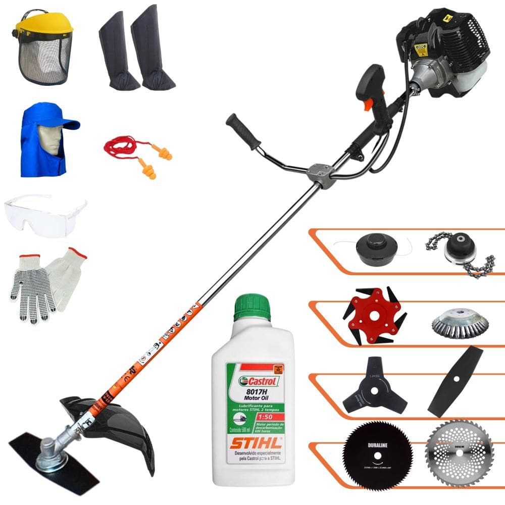 Cortador de Grama À Gasolina Terra GRH-520 52cc 2,5HP Alta Rotação Roçadeira Completa Com Carretel Nylon e Kit 7 Opções de Corte + EPI + ÓLEO STIHL 2T