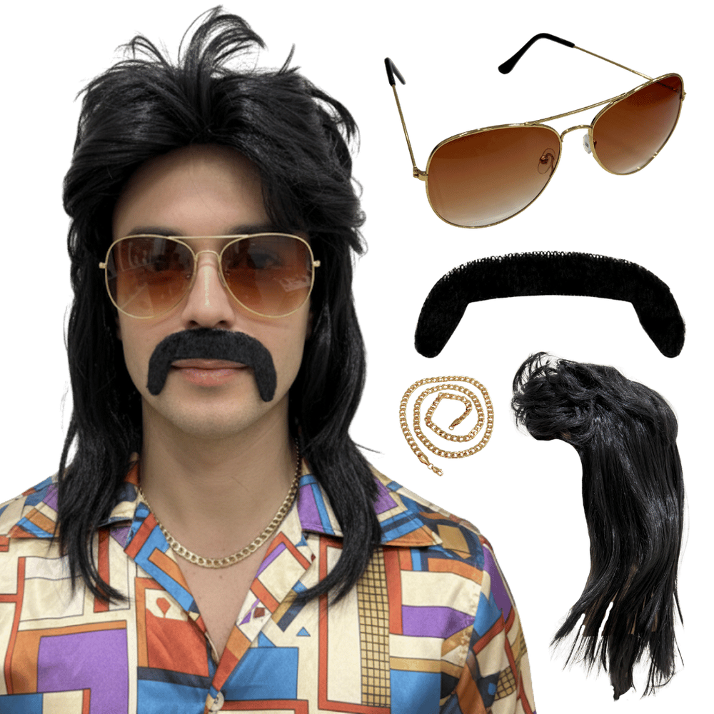 Peruca Retrô Anos 80 Rock Preto Com Bigode Óculos Cordão