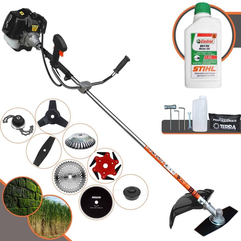 Máquina de Cortar Grama Lateral À Gasolina Terra GRH520 52cc 2,5HP de Potência 6.500rpm Roçadeira Completa Com 8 Opções de Cortes + ÓLEO STIHL 8017 2T