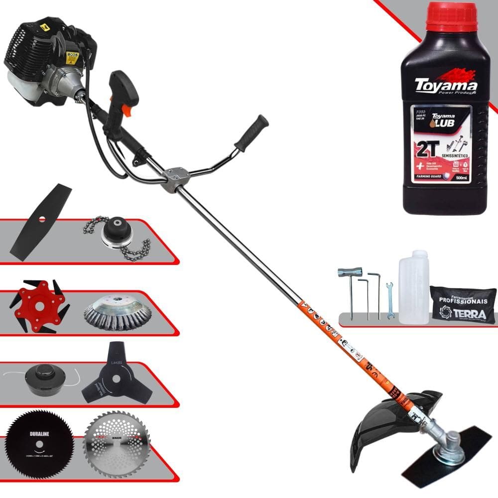 Roçadeira  À Gasolina Terra GRH520 52cc 2,5HP de Potência 6.500rpm Alta Performance Completa Com 8 Opções de Cortes + ÓLEO TOYAMA 2T
