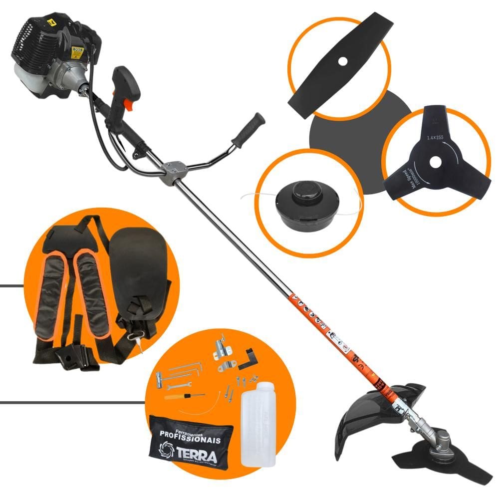 Roçadeira Podador de Grama  Terra GRH520 À Gasolina 2T 52cc 2,5HP de Potência 6.500rpm + Lâmina Facão + Lâmina 3 Pontas + Carretel Nylon