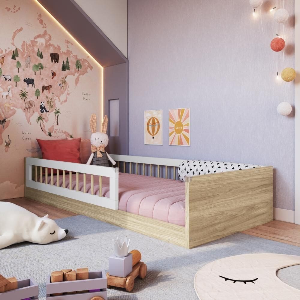 Cama Infantil de Chão com Colchão Montessoriana Solteiro Proteção Aveiro Oak