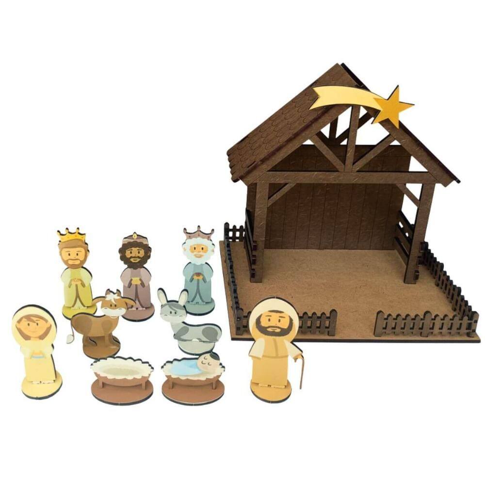 Presépio de Natal Pequeno em MDF 4mm Colorido 19x15x18cm Montável com Caixa