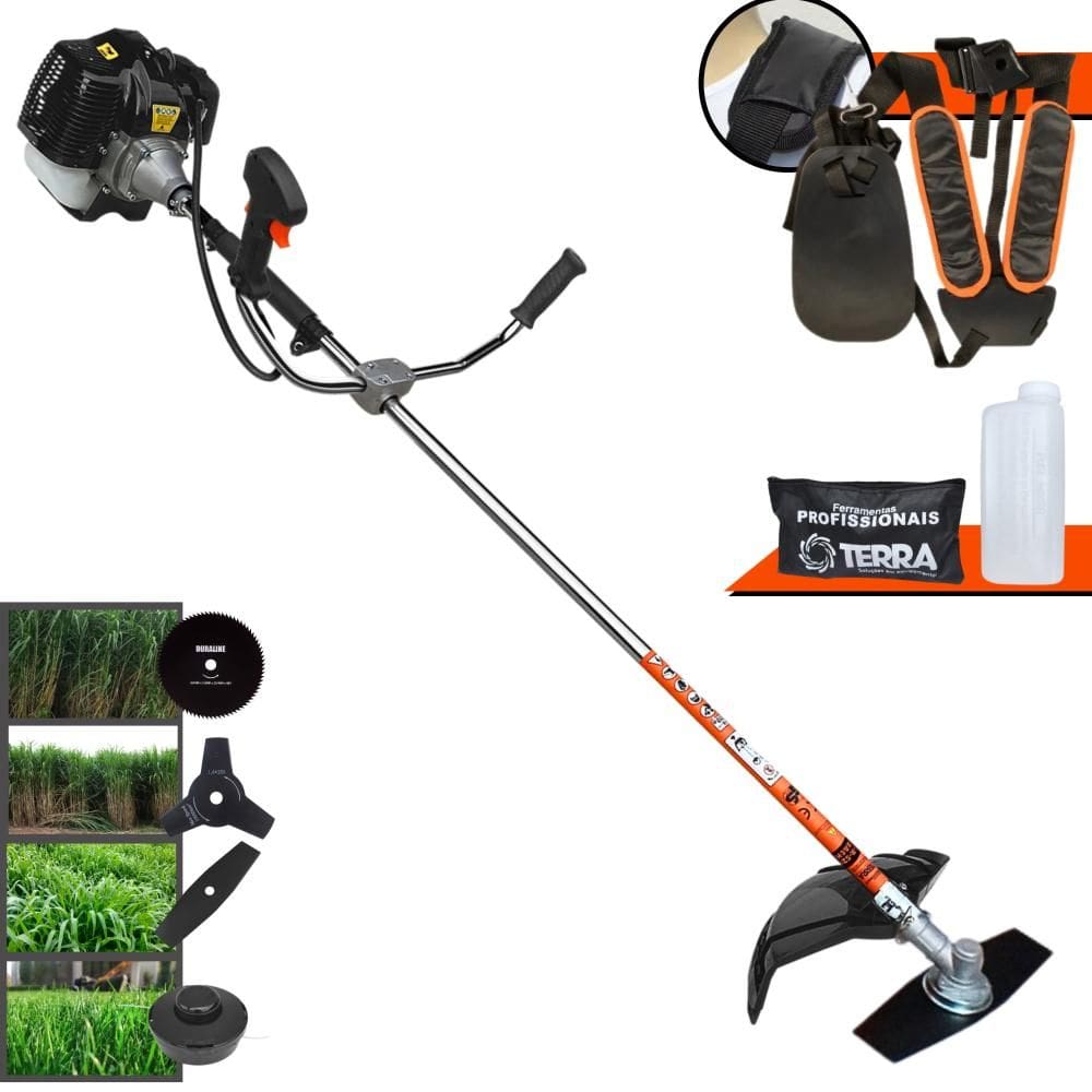 Roçadeira Robusta Terra GRH520 À Gasolina 52cc 2,5HP 6.500rpm Multifunções Com Carretel de Nylon + Lâmina Facão + Lâmina 3 Pontas + Lâmina 80 Dentes