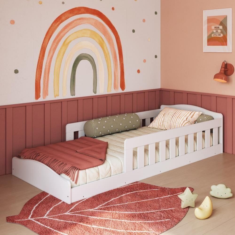 Cama Infantil De Chão Montessoriana De Solteiro Menino Menina Com Colchão E Grade Proteção Branco