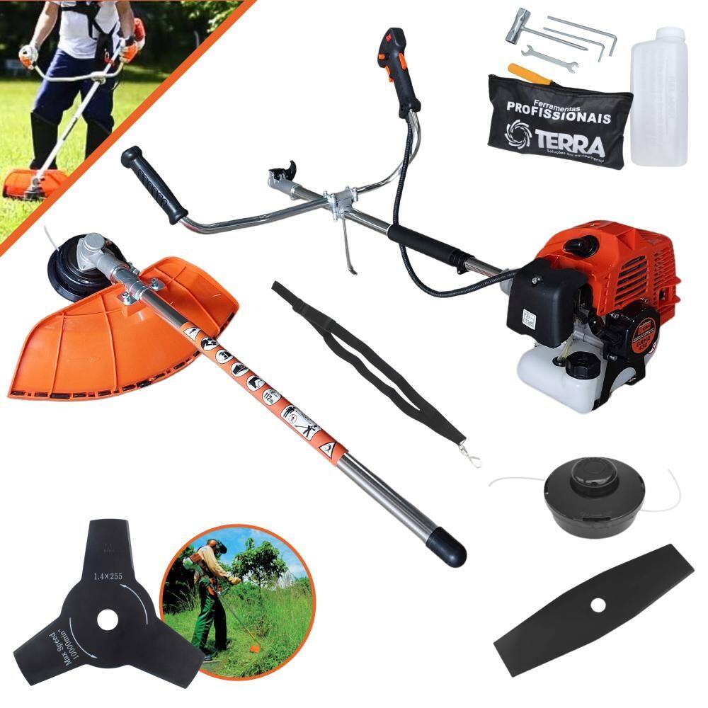 Roçadeira Completa Terra GRHB-430 Bipartida À Gasolina 2T 1,7HP de Potência 43cc 12.000rpm Com Carretel de Nylon + Faca 2 Pontas + Faca 3 Pontas 255MM