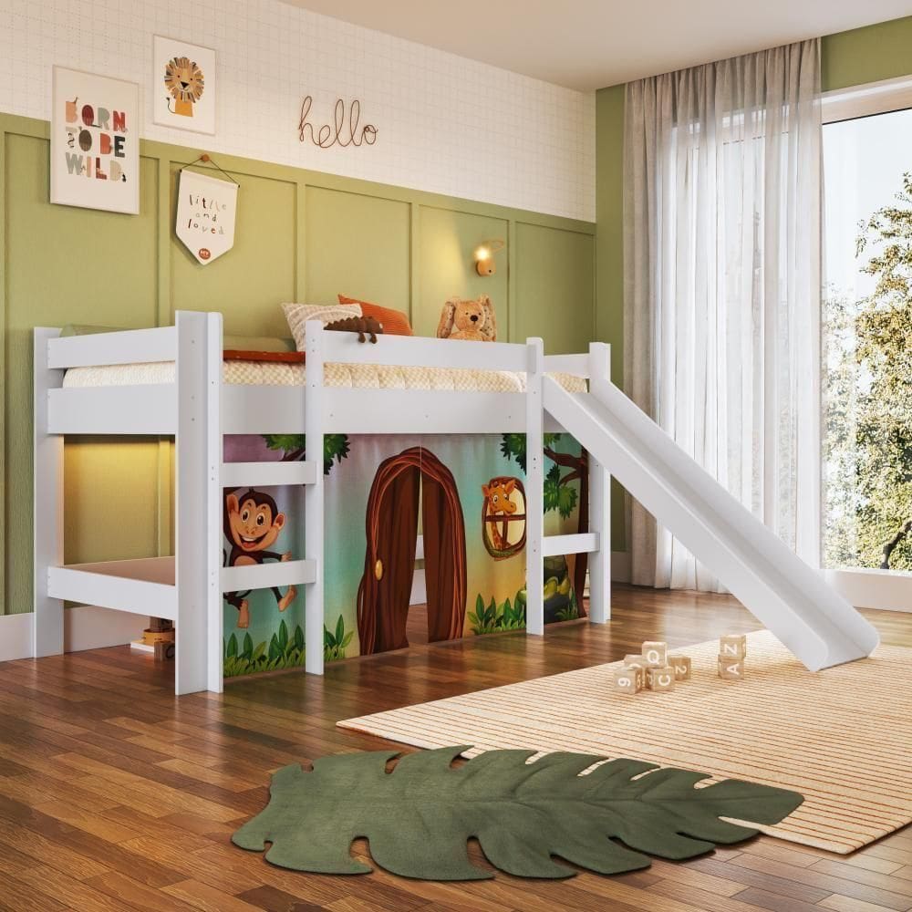 Cama Infantil Elevada Solteiro 202cm Degrau Escorregador Estampada Zoo