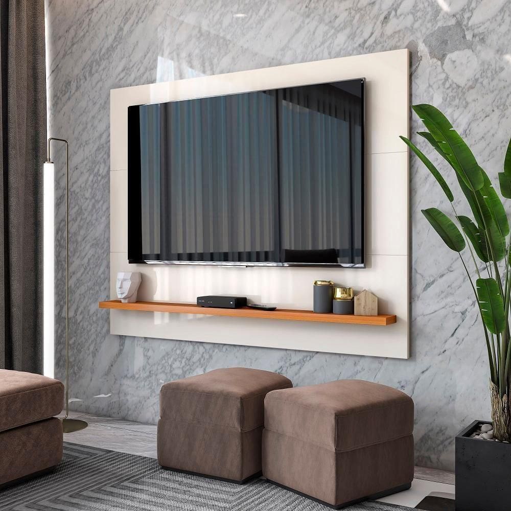 Painel Ripado Tv 50 Polegadas Com Prateleira Monaco - Off White E Cedro