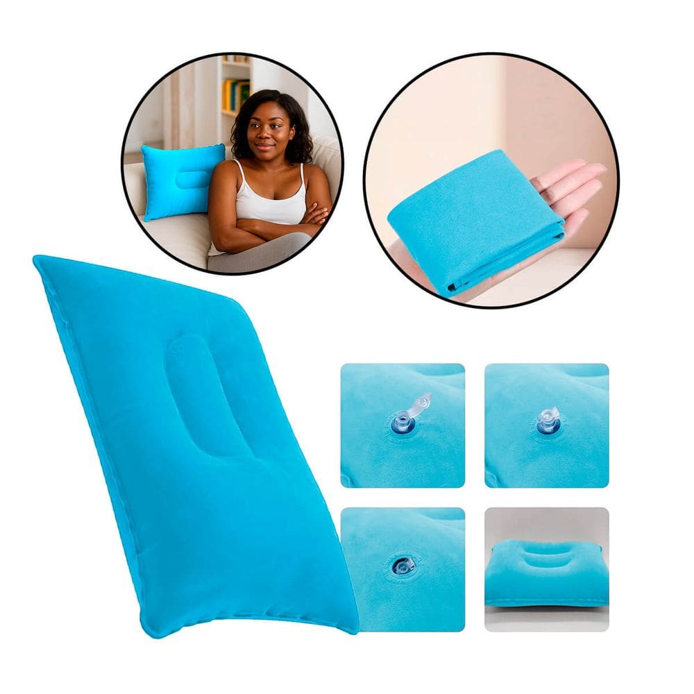 Travesseiro Almofada Inflável Aveludado PVC Viangens camping - Azul