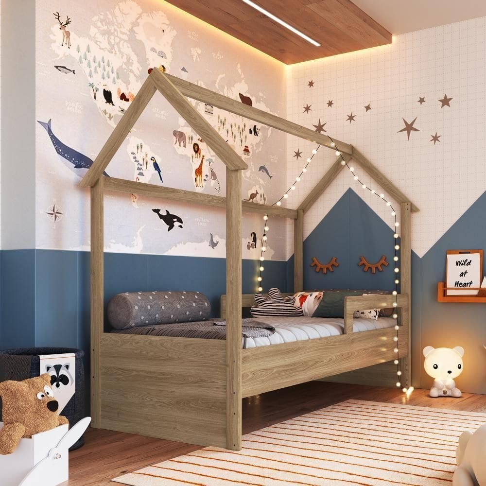 Cama Infantil Montessoriana Casinha Menino Menina Solteiro Com Proteção Lateral Aveiro Oak