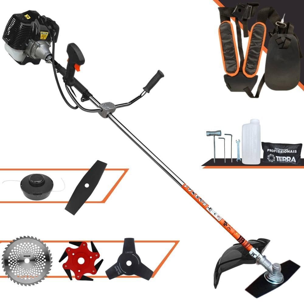 Roçadeira Terra GRH-520 À Gasolina 52cc 2,5HP 5 Em 1 Com Carretel e Lâmina 2 Pontas + Lâmina 3 Pontas + Lâmina 6 Pontas + Lâmina 40 Dentes de Vídea