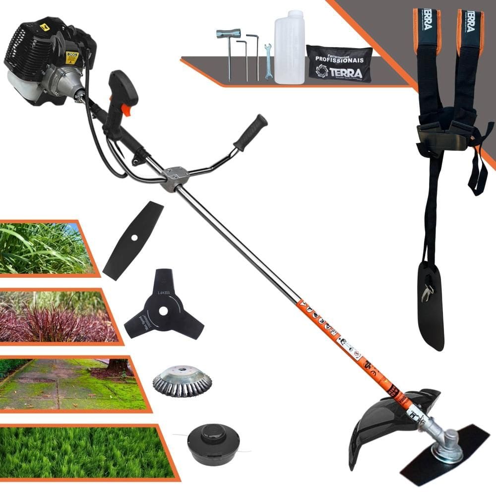 Roçadeira Máquina de Corta Grama À Gasolina Terra GRH520 2T 52cc 2,5HP Com Lâmina 2 Pontas + Lâmina 3 Pontas + Disco Escova de Aço + Carretel de Nylon