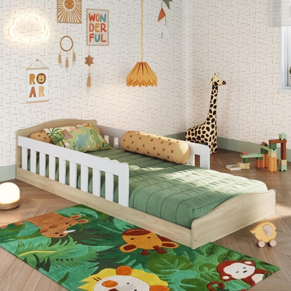 Cama Infantil De Chão Montessoriana De Solteiro Menino Menina Com Grade Proteção Carvalho Araguaia