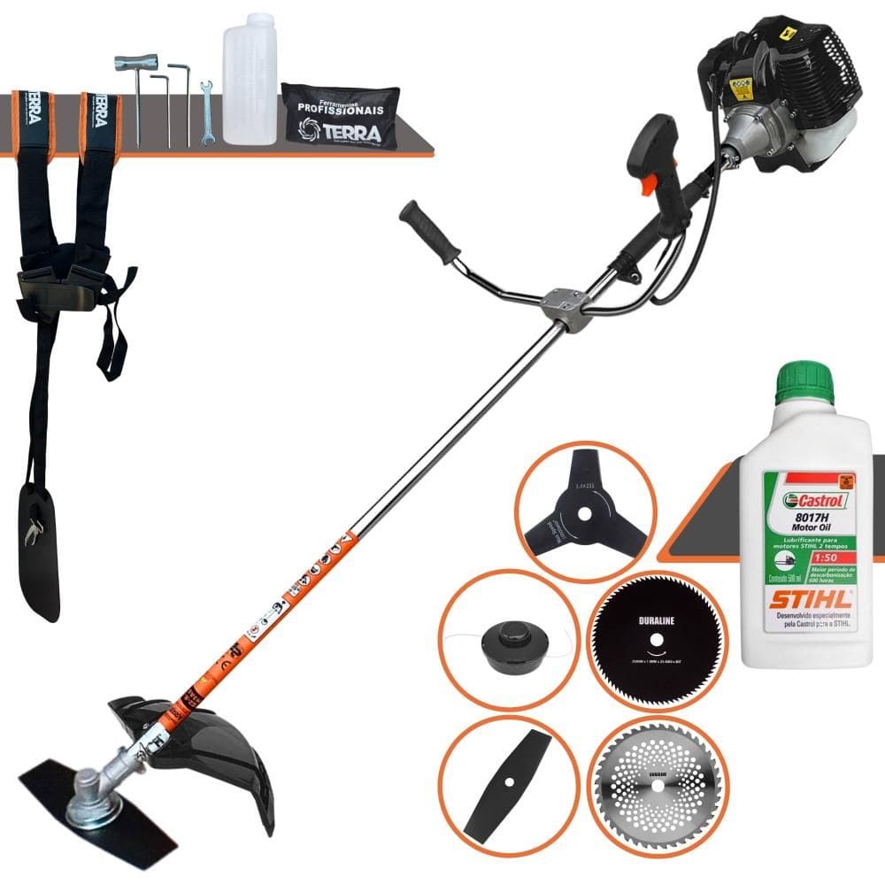 Roçadeira Máquina de Corta Grama Terra GRH520 À Gasolina 52cc 2,5HP 6.500rpm Multifuncional Completa Com 5 Opções de Cortes + ÓLEO STIHL 2 Tempos