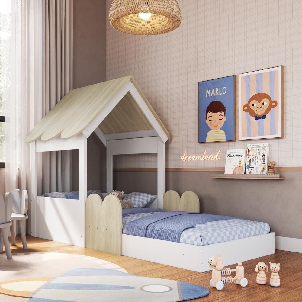Cama Infantil Montessoriana Casinha Com Telhado Em Mdp Para Colchão 188x78cm Carvalho Araguaia