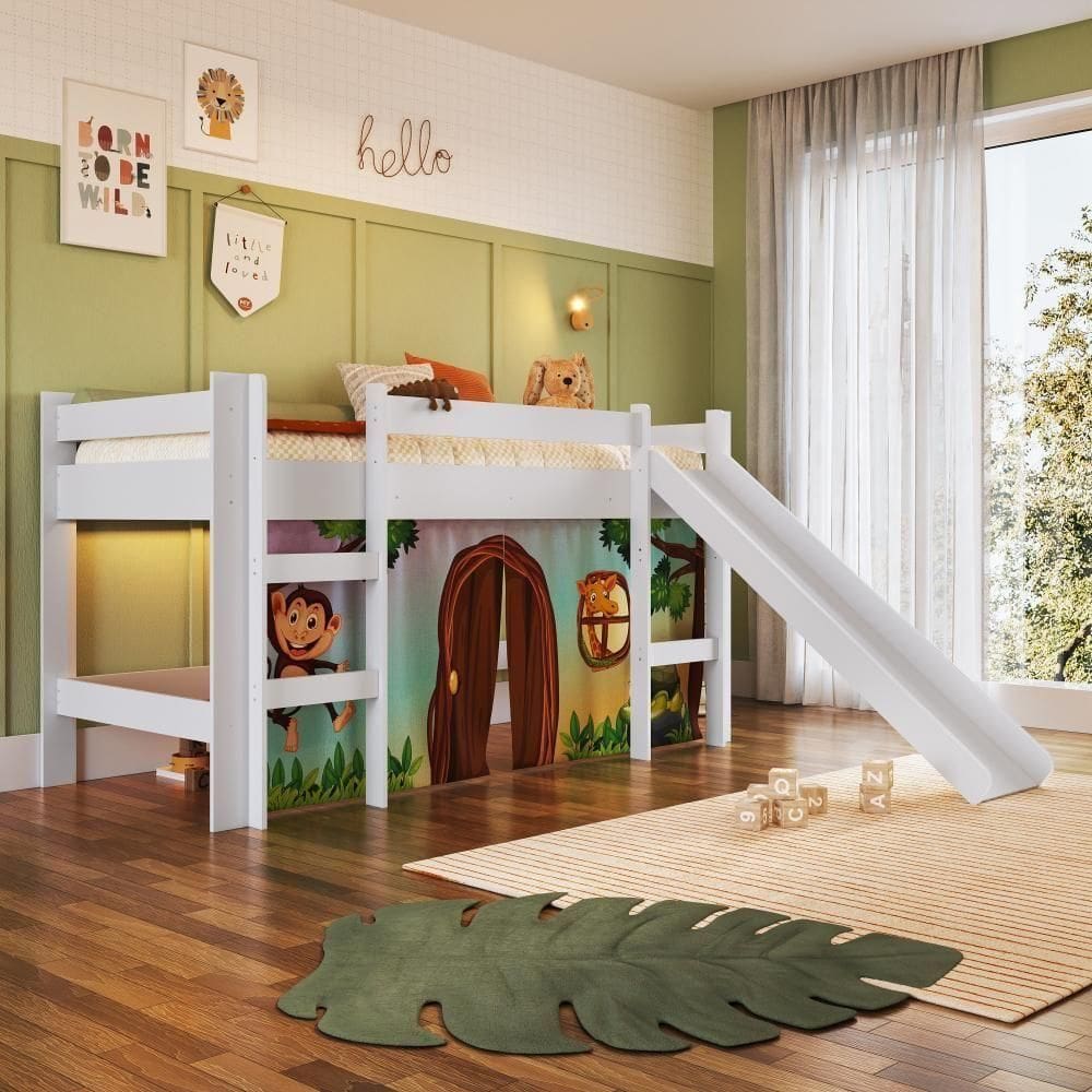 Cama Infantil Elevada Casinha Menino Menina Solteiro 202cm Com Escada E Escorregador Branco Com Zoo