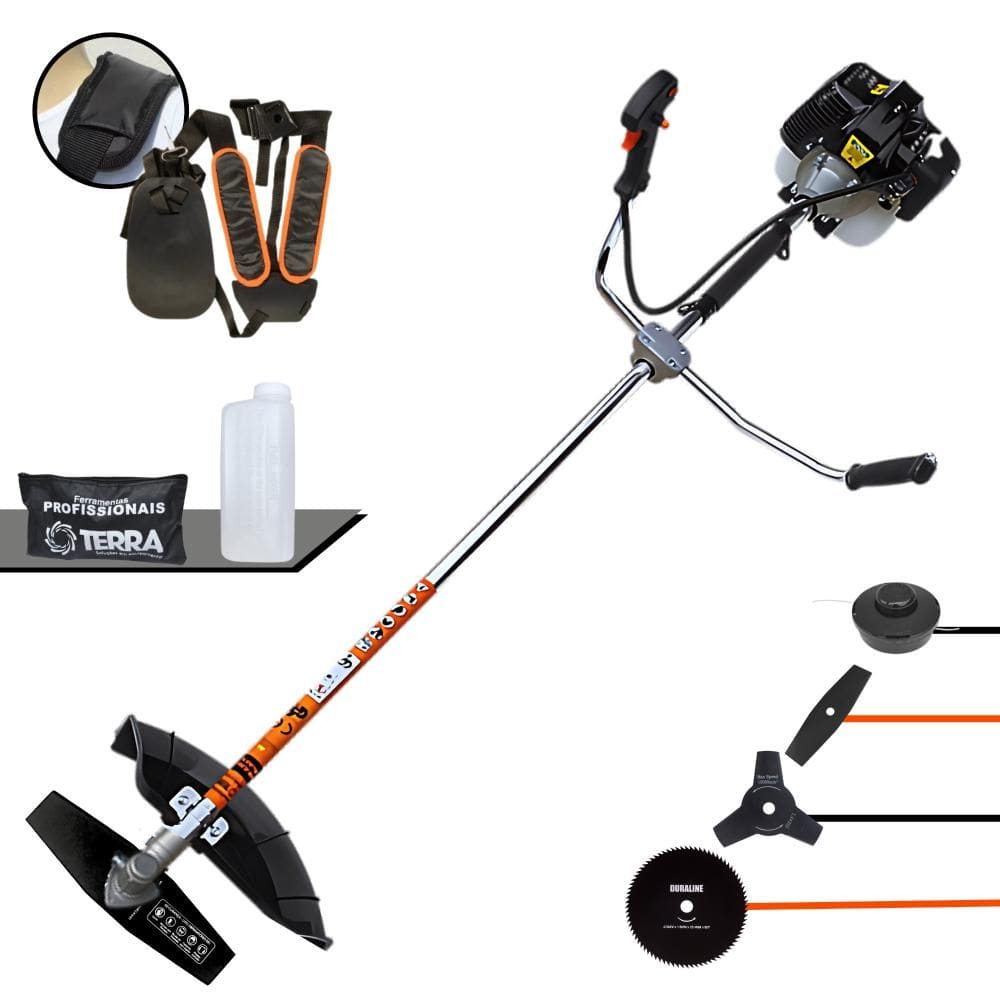 Roçadeira Terra GRH520 À Gasolina 2T 52cc 2,5HP 6.500rpm Com Carretel de Nylon + Lâmina 2 Pontas + Lâmina 3 Pontas + Lâmina 80 Dentes