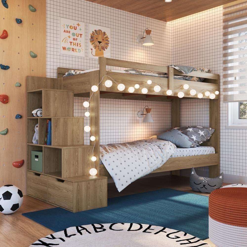 Cama Beliche Infantil Bicama Menino Menina 2,32m Com Escada, Nichos E Gavetas Aveiro Oak