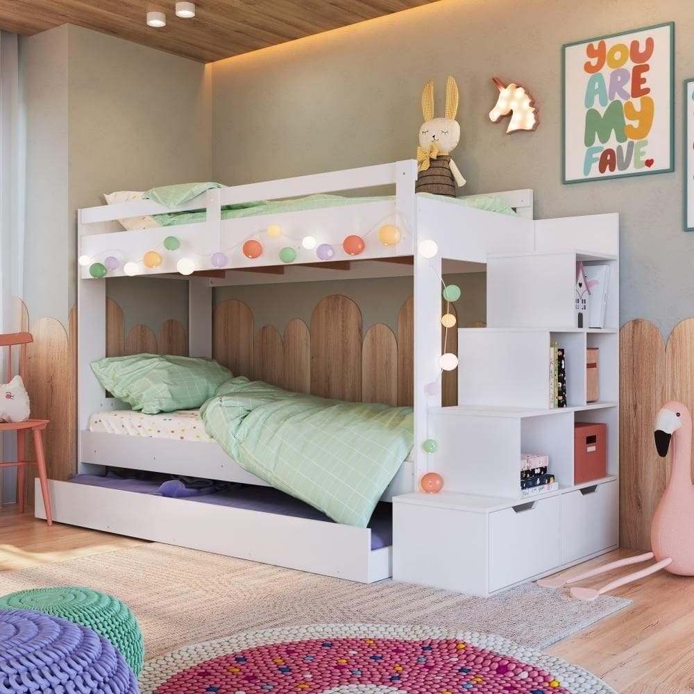 Cama Treliche Infantil Bicama Menino Menina 2,32m Com Escada, Nichos E Gavetas Branco