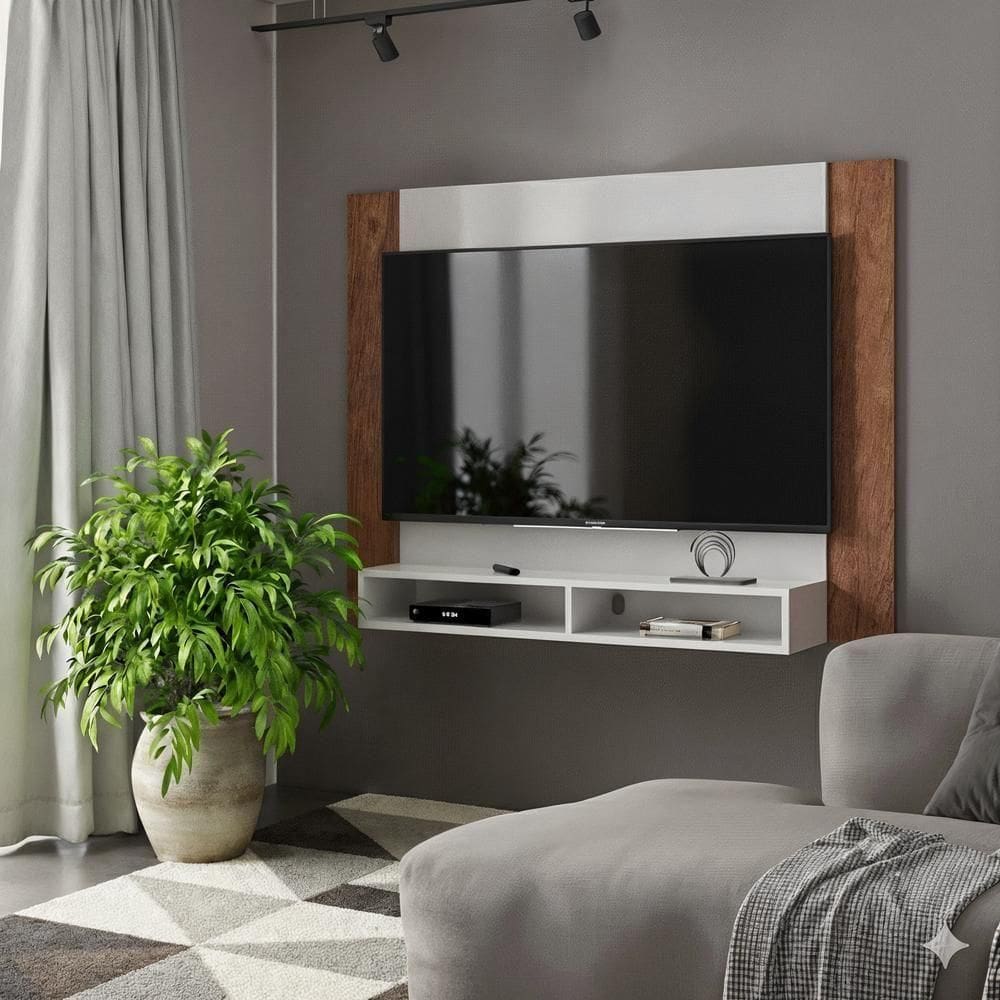 Painel Tv 43 Polegadas Suspenso Com Nichos Bonsai - Off White E Naturale