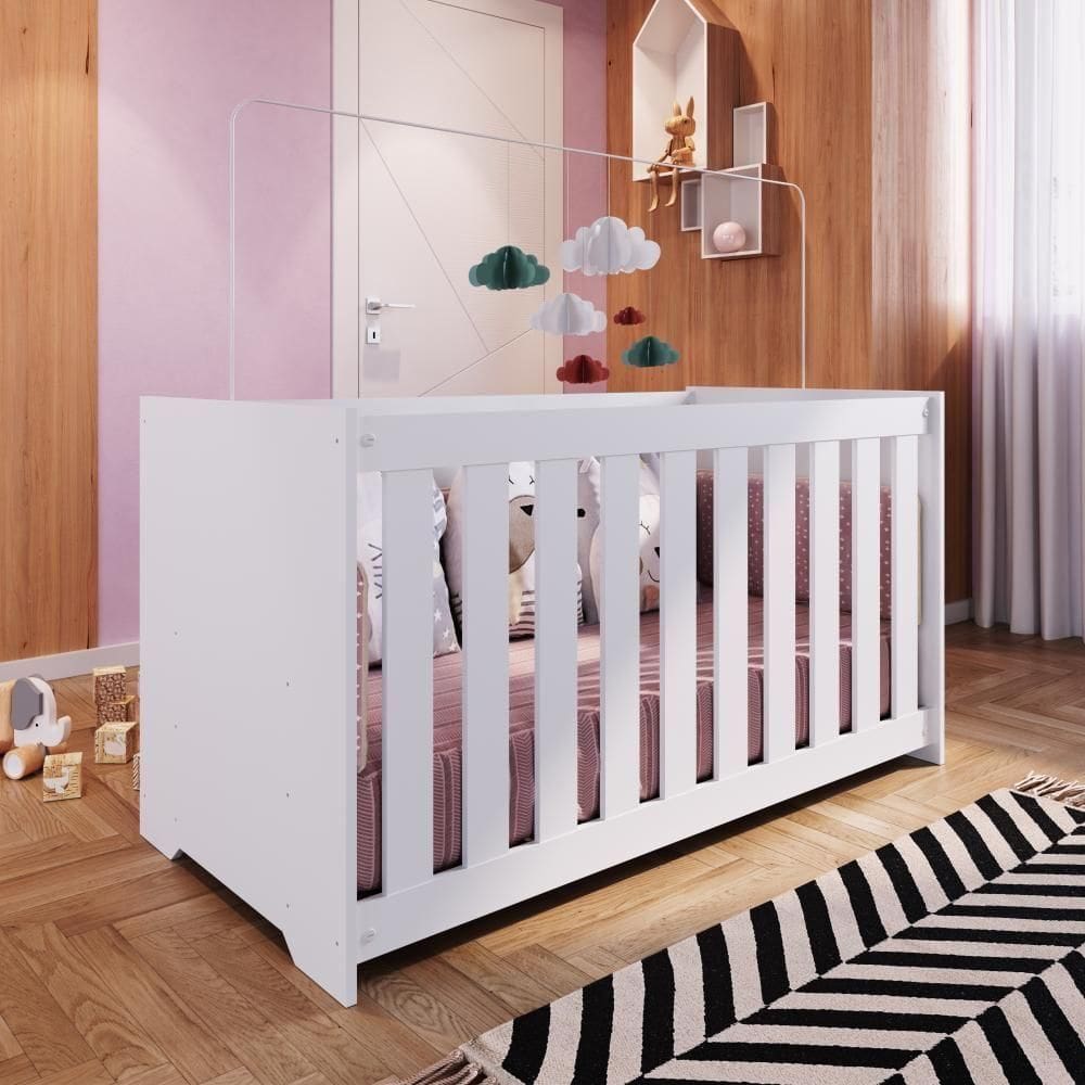 Berço Infantil Simples 133cm Com Colchão, Regulagem De Altura E Grade Mdf Branco