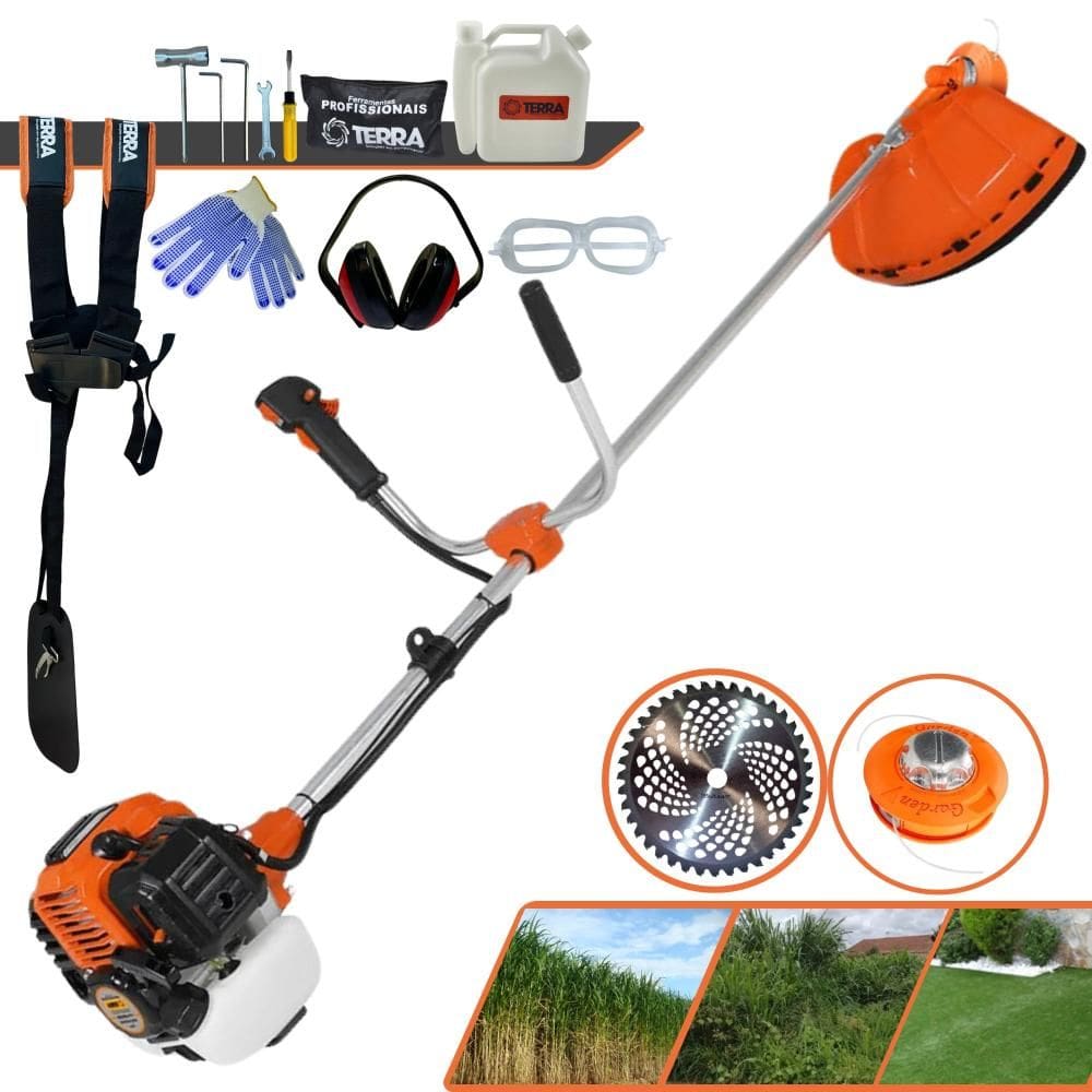 Roçadeira À Gasolina Terra GR520-XP 2T 52cc 2,5HP de Alta Performance e Rotação Aparador de Grama Com Cabeçote de Nylon + Lâmina 40 Dentes Vídea + EPI