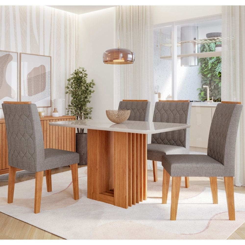 Conjunto de Jantar Mesa Ariela 130cm com Tampo de Vidro 4 Cadeiras em MDF Carla Cimol