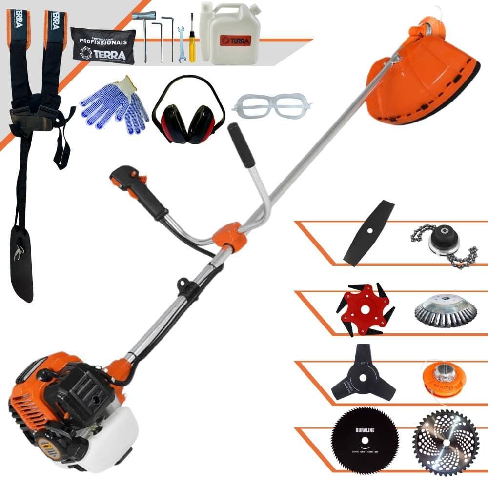 Roçadeira Robusta Terra GR520XP À Gasolina 52cc 2,5HP Alta Rotação Para Todos os Tipos de Trabalho Com Carretel + Kit de 7 Opções de Cortes + EPI