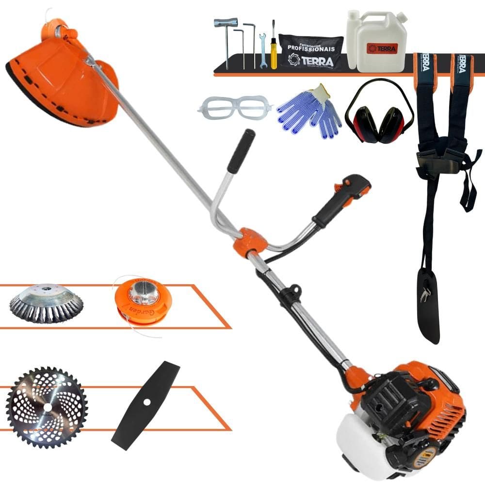 Roçadeira Lateral Terra GR520XP À Gasolina 52cc 2,5HP 6.500rpm 4 Em 1 Com Carretel Nylon e Faca 2 Pontas + Faca 40 Dentes + Disco Escova de Aço + EPI