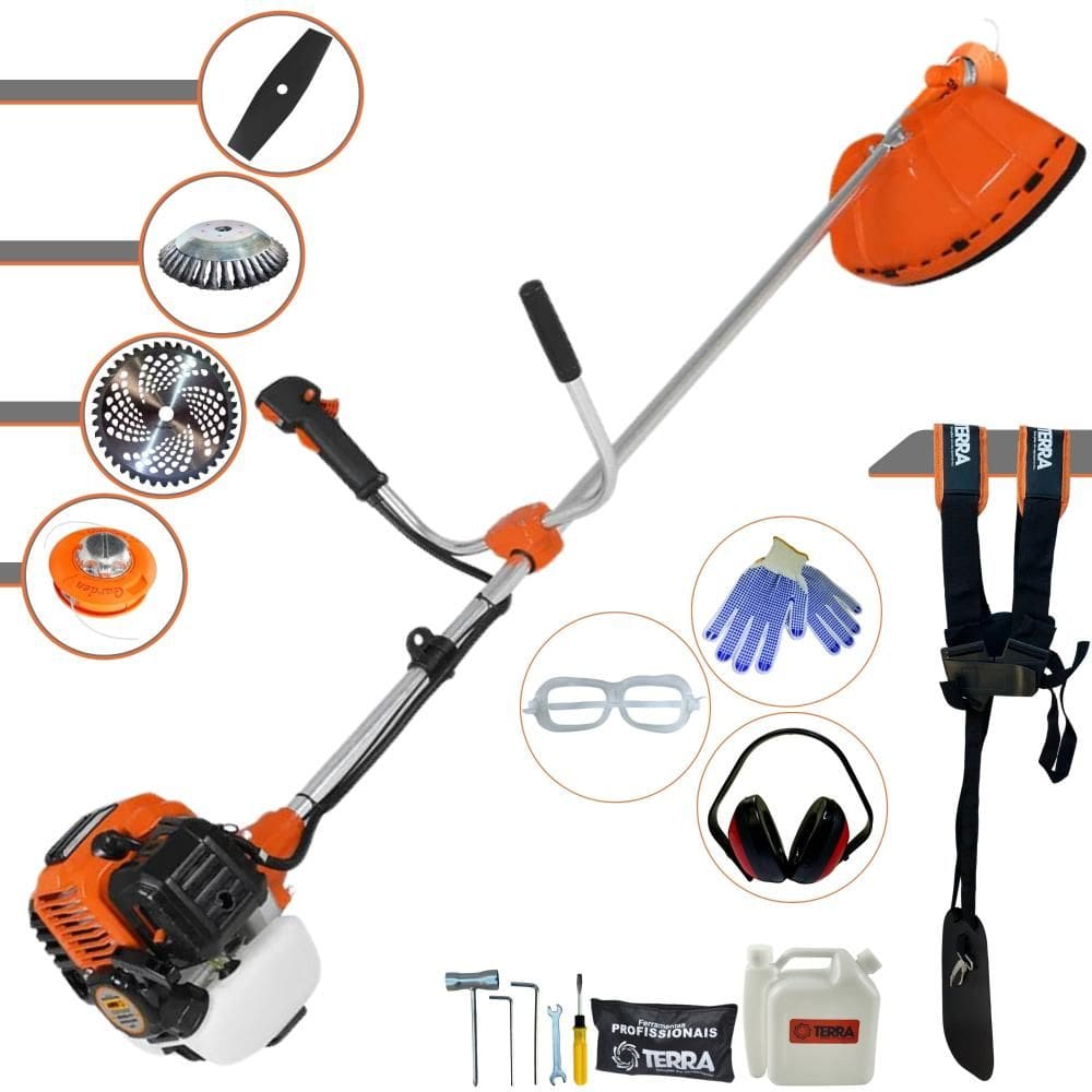 Roçadeira Multifuncional Terra GR520XP À Gasolina 2T 52cc 6500rpm 2,5HP de Potência C/ Carretel + Faca 2 Pontas + Faca 40 Dentes + Escova de Aço + EPI