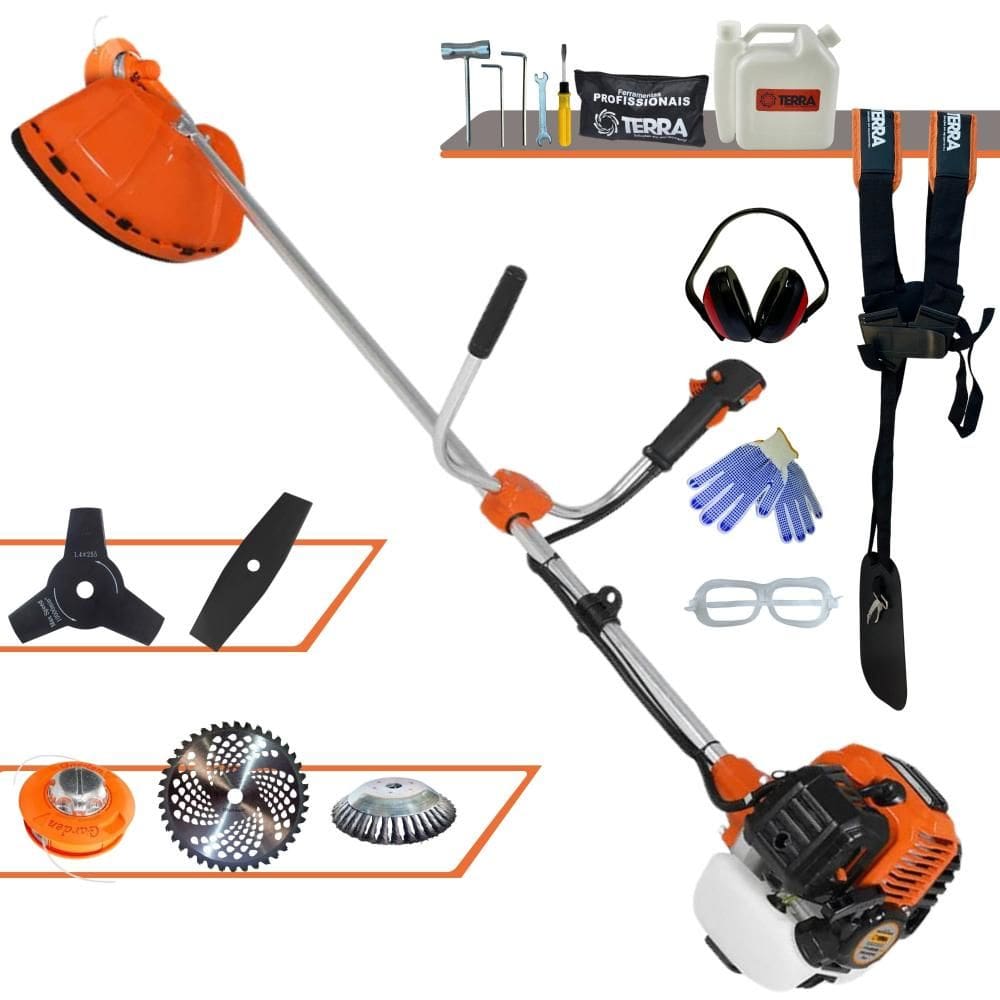 Máquina de Cortar Grama Terra GR520XP 52cc 2,5HP Roçadeira Com Faca 2 Pontas, Faca 3 Pontas, Faca 40 Dentes + Carretel + Escova de Aço 38 Cerdas + EPI