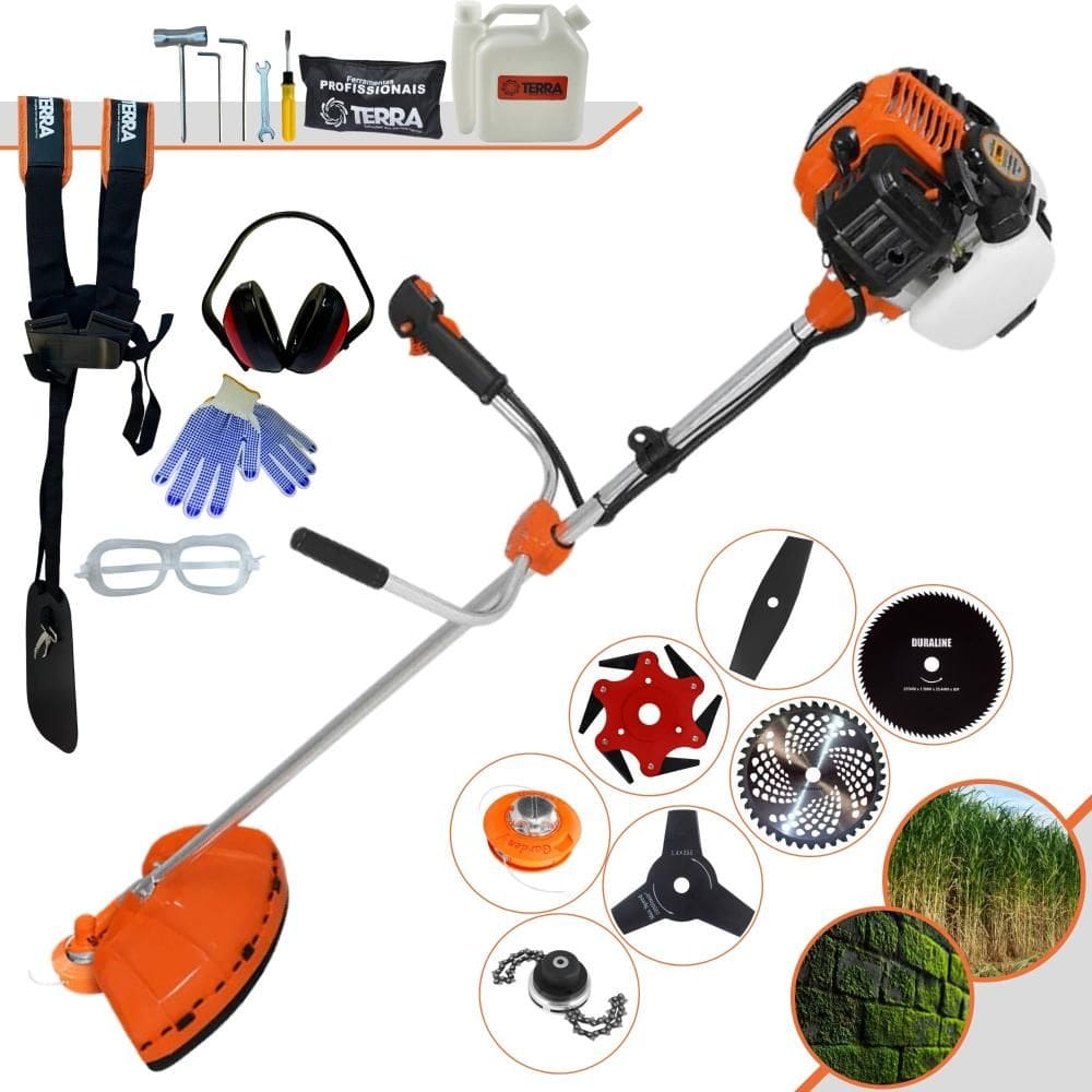 Máquina de Cortar Grama Profissional À Gasolina Terra GR520XP Motor 2 Tempos 52cc 2,5HP 6.500rpm Roçadeira Multifuncional Com 7 Opções de Cortes + EPI