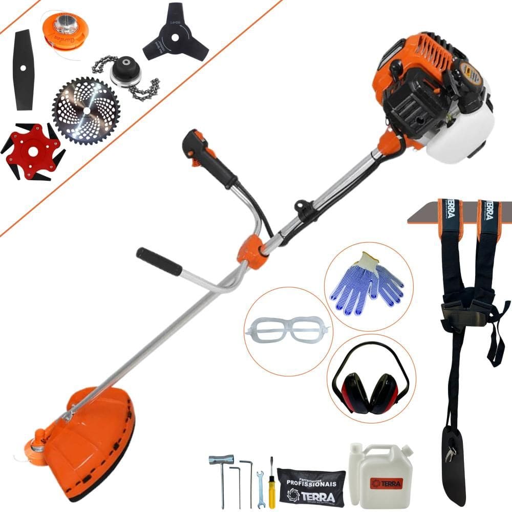Roçadeira Multifuncional À Gasolina Terra GR520XP 2T 52cc 2,5HP 6500rpm Alta Performance Completa Com Carretel de Nylon e Kit 5 Lâminas de Corte + EPI