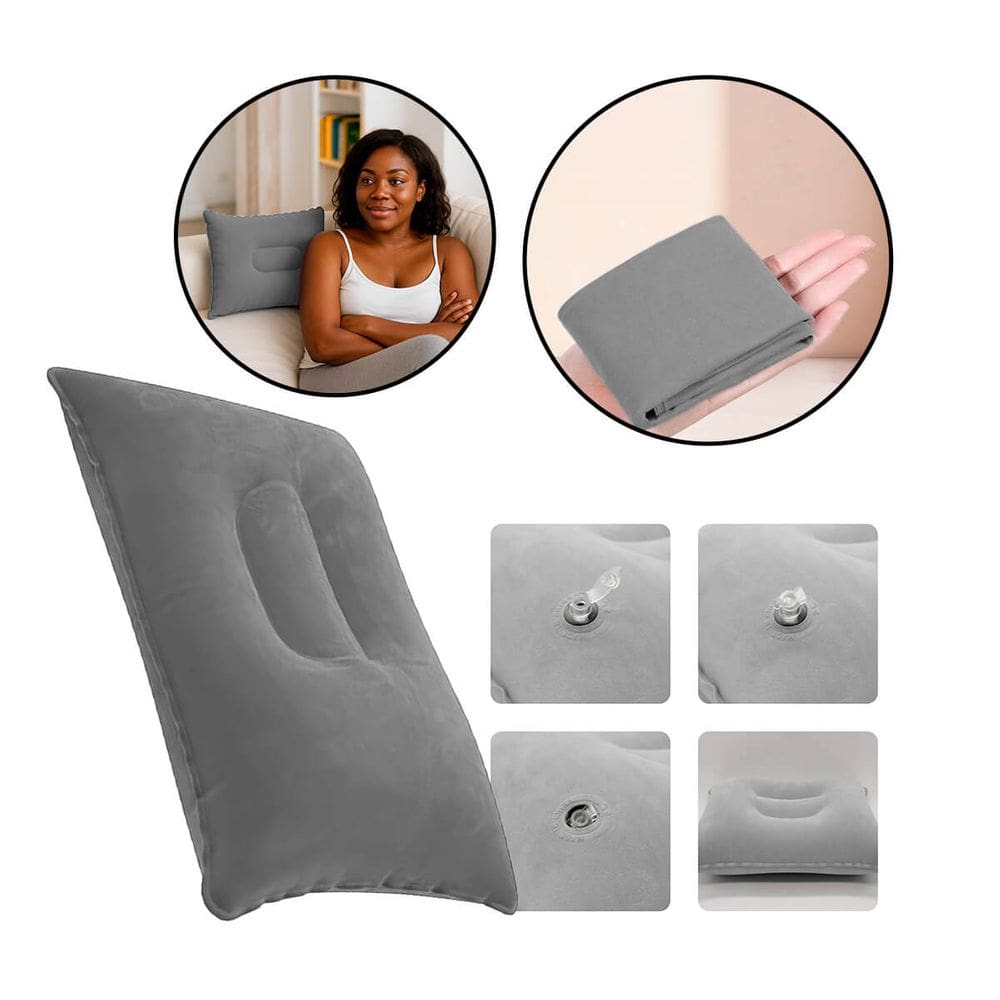 Travesseiro Almofada Inflável Aveludado PVC Viangens camping - Cinza