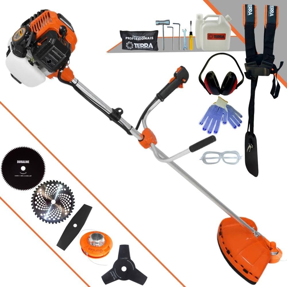 Máquina de Cortar Grama Terra GR520-XP À Gasolina 2T 52cc 2,5HP 6.500rpm Roçadeira Profissional Completa Multifuncional Com 5 Opções de Cortes + EPI