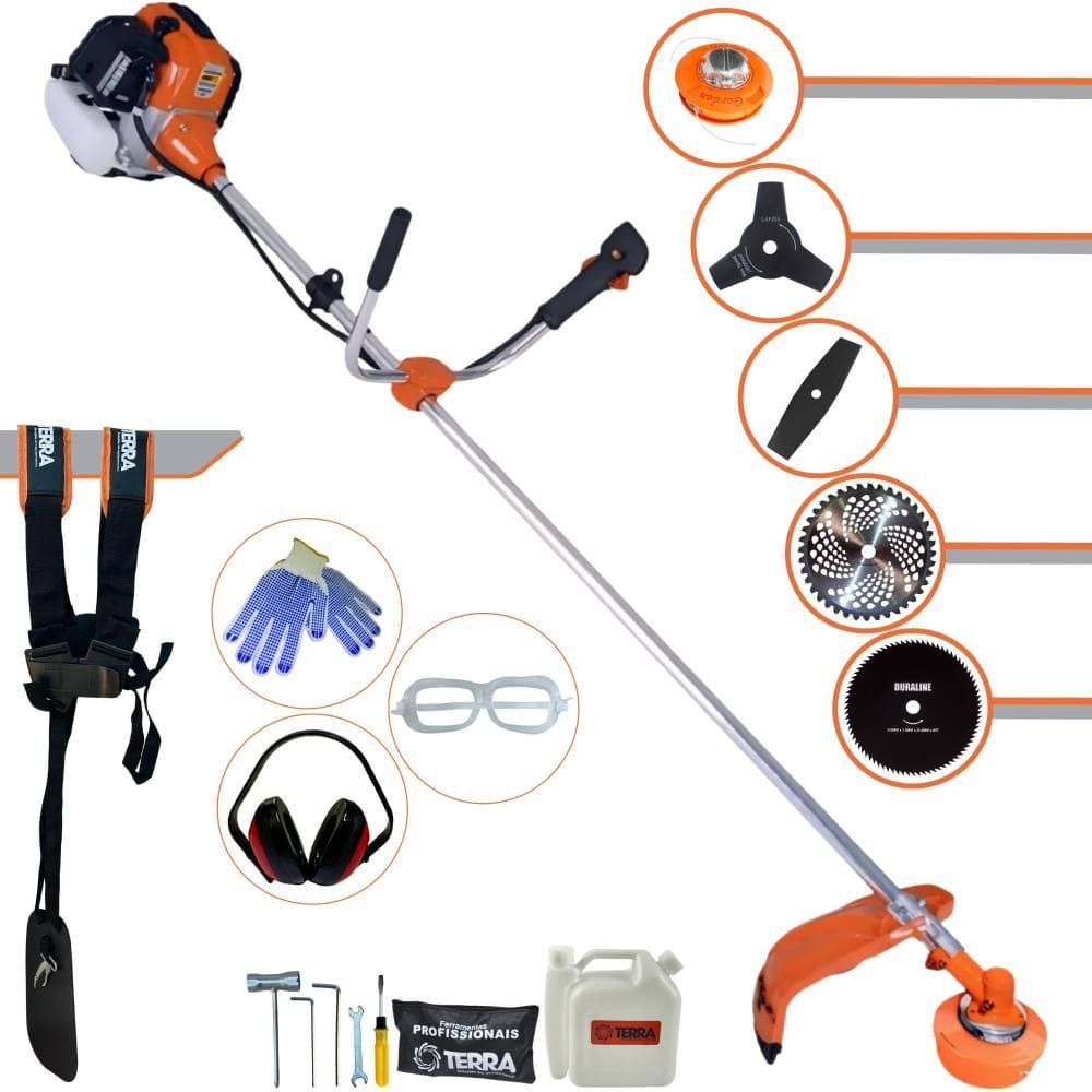 Roçadeira À Gasolina Terra GR520XP 2T 52cc 6.500rpm Completa Com Carretel + Lâmina Facão + Lâmina 3 Pontas + Lâmina 40 Dentes + Lâmina 80 Dentes + EPI
