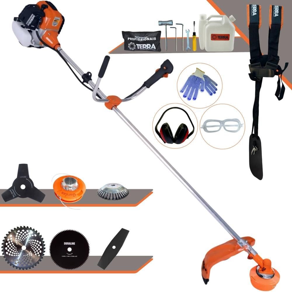 Roçadeira Profissional Terra GR520XP À Gasolina 52cc 2,5HP 6.500rpm Com Carretel Nylon e Faca 40 Dentes + Kit de 3 Facas Extras + Escova de Aço + EPI
