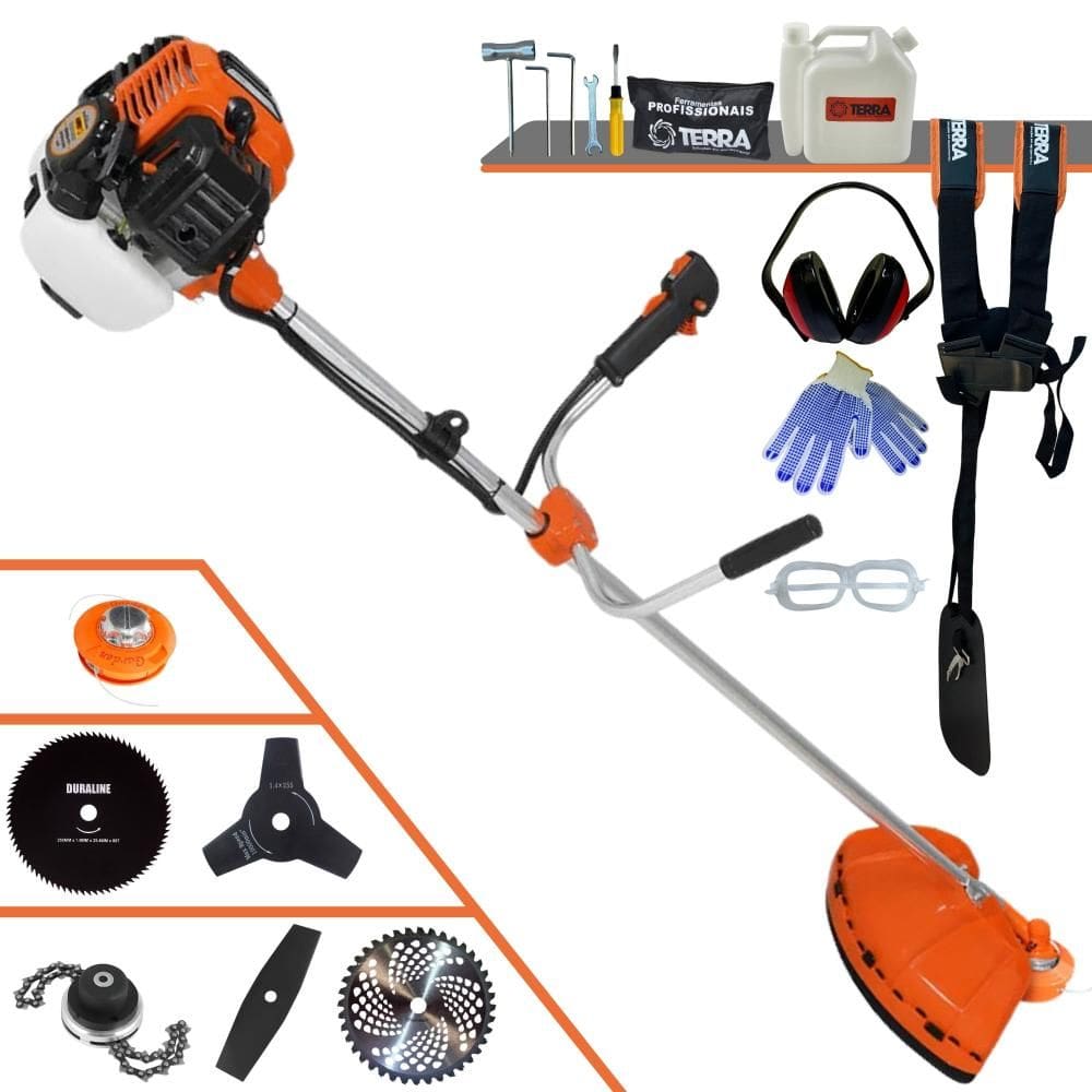 Roçadeira Terra GR520XP À Gasolina 52cc 2,5HP C/ Carretel + Lâmina Facão + Lâmina 3 Pontas + Lâmina 40 Dentes Vídea + Lâmina 80 Dentes + Trimmer + EPI