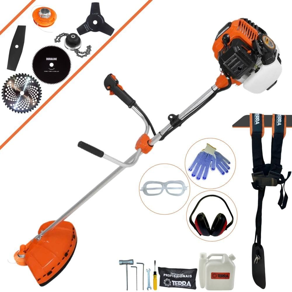 Roçadeira Robusta À Gasolina Terra GR520-XP 52cc + Lâmina 2 Pontas + Lâmina 3 Pontas + Lâmina 40 Dentes + Lâmina 80 Dentes + Carretel + Trimmer + EPI